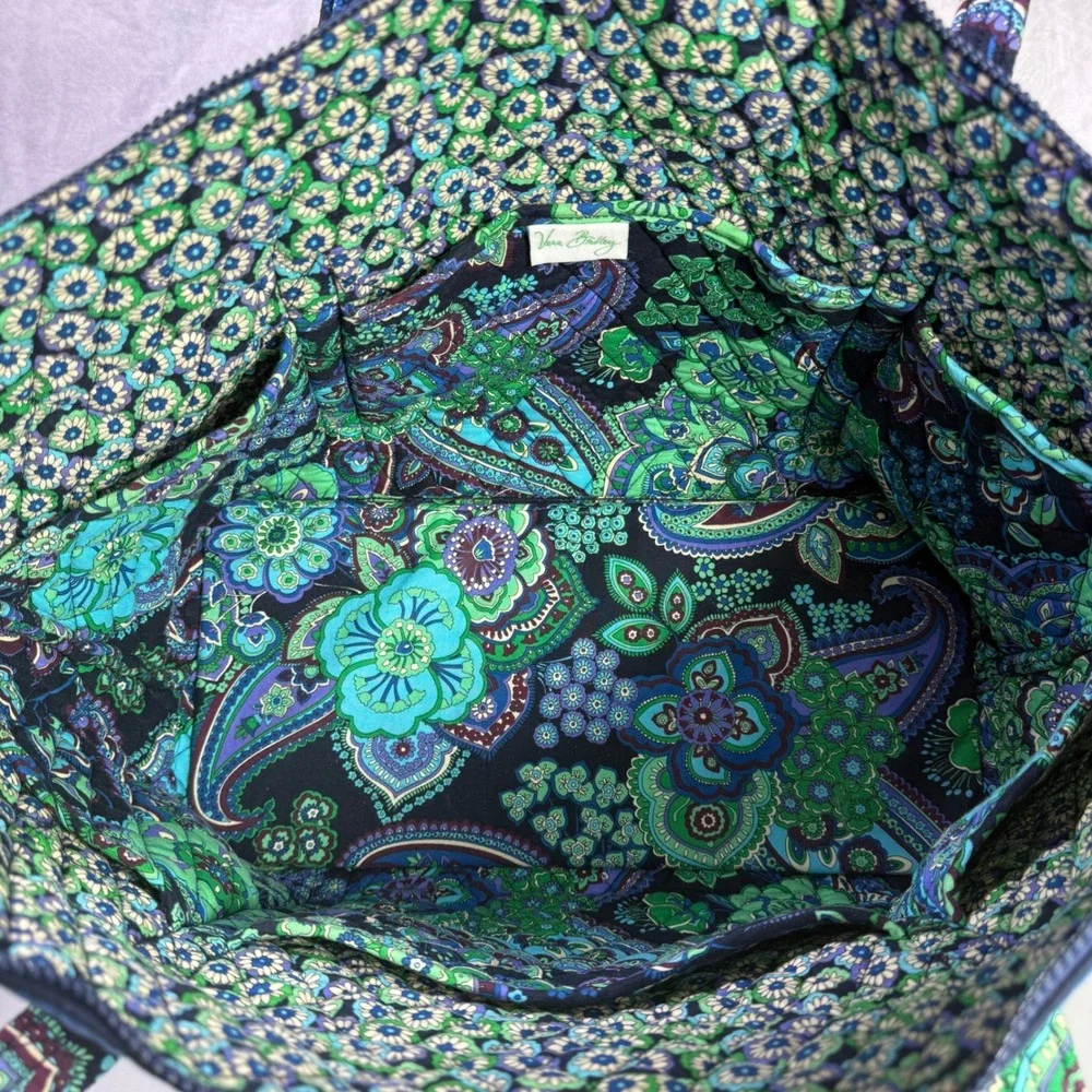 Vera Bradley Quilted Tote Bag Emerald Paisley Print Top Zip Shoulder Bag - Picture 8 of 12